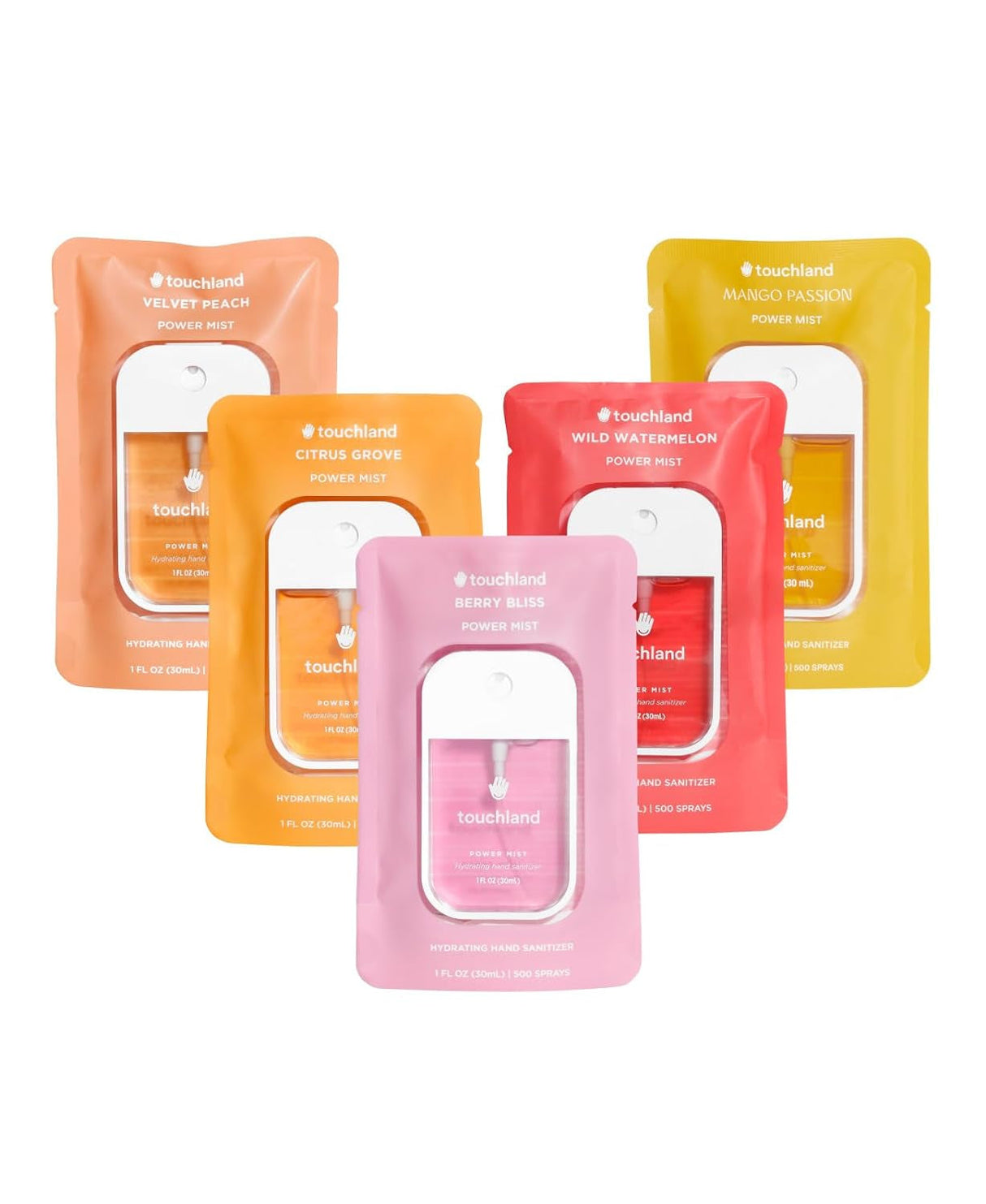 Touchland Power Mist Hydrating Hand Sanitizer Spray, JUICY 3-Pack (Watermelon, Peach, Berry), 500-Sprays Each, 1Fl Oz Travel Size (Set of 3)