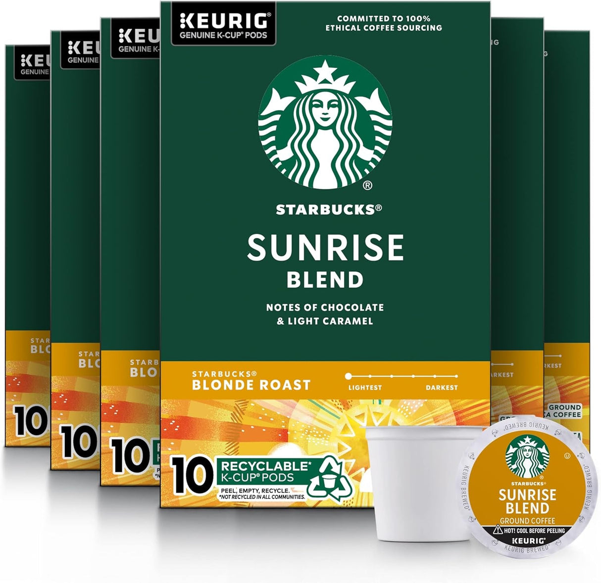 Starbucks K-Cup Coffee Pods, Starbucks Blonde Roast Coffee, Veranda Blend for Keurig Brewers, 100% Arabica, 6 Boxes (60 Pods Total)