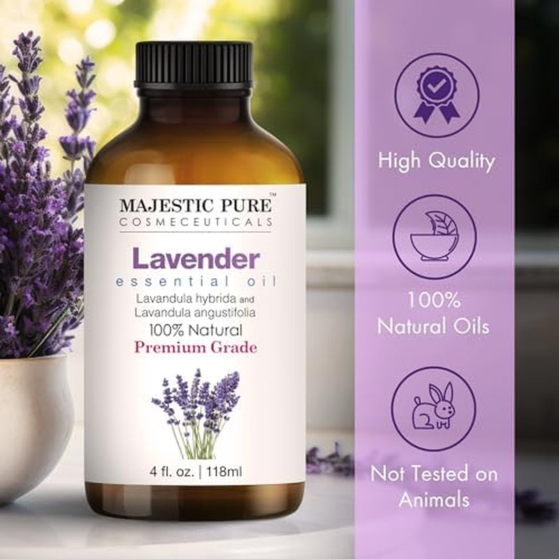 Majestic Pure Lavender Essential Oil with Glass Dropper | 100% Pure and Natural Lavender Oil | Premium Grade Essential Oils for Diffusers, Skin, Aromatherapy, Massage | 4 Fl Oz
