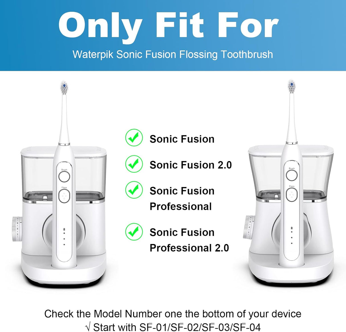 Replacement Brush Heads for Waterpik Sonic-Fusion 2.0 Flossing Toothbrush (SF-03/SF-04) and Sonic-Fusion Flossing Toothbrush (SF-01/SF-02),6 Count White with Covers