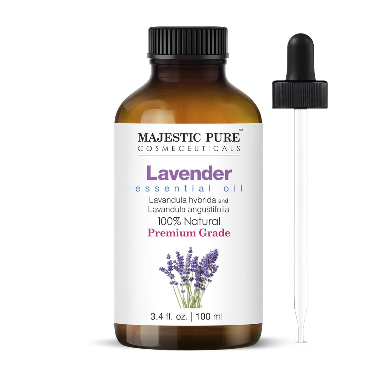 Majestic Pure Lavender Essential Oil with Glass Dropper | 100% Pure and Natural Lavender Oil | Premium Grade Essential Oils for Diffusers, Skin, Aromatherapy, Massage | 4 Fl Oz