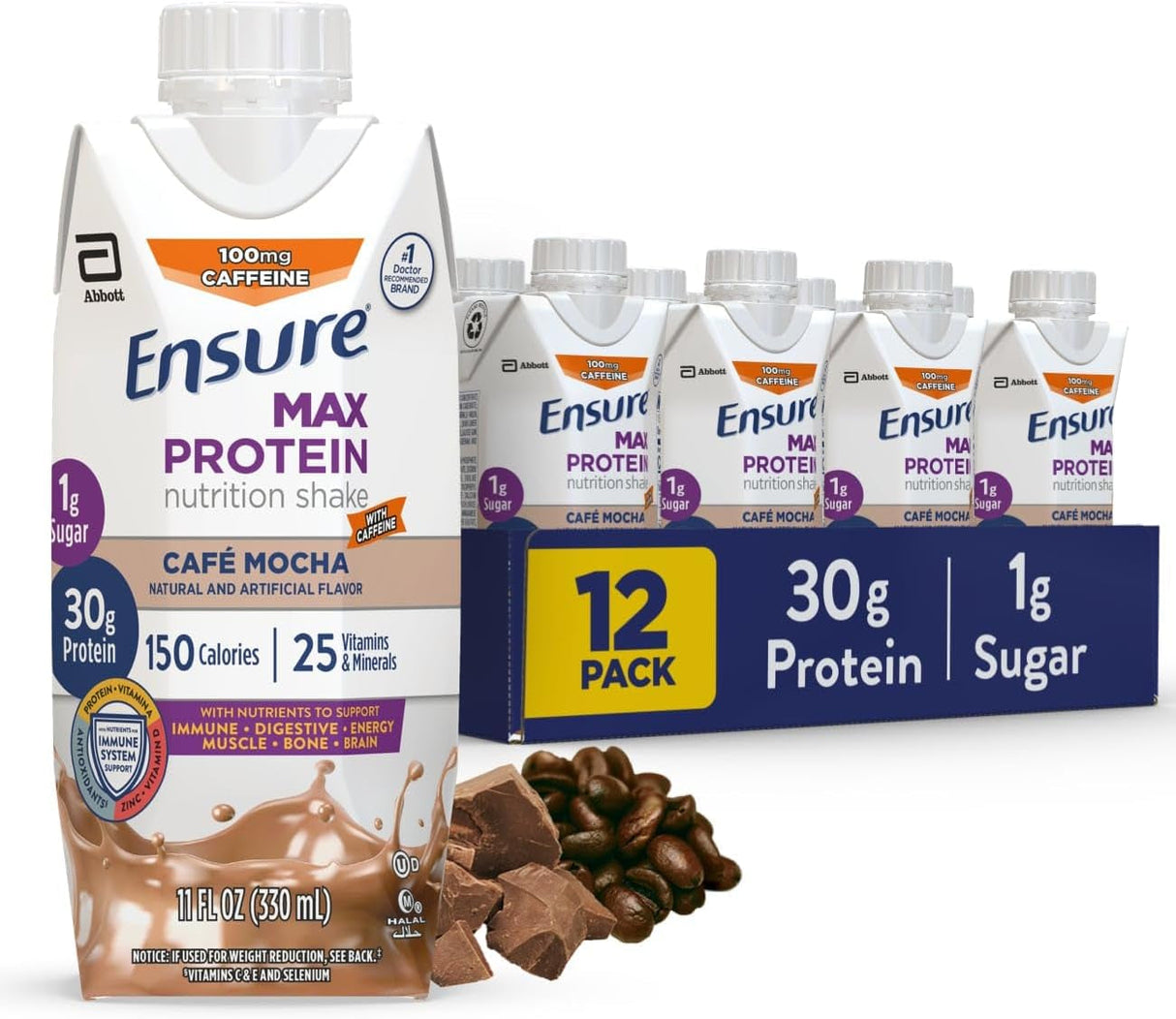 Ensure Max Protein Shake | Milk Chocolate | Ready to Drink | 30G Protein for Muscle Building | 1G Sugar, 4G Fiber | 11 Fl Oz - 12 Pack
