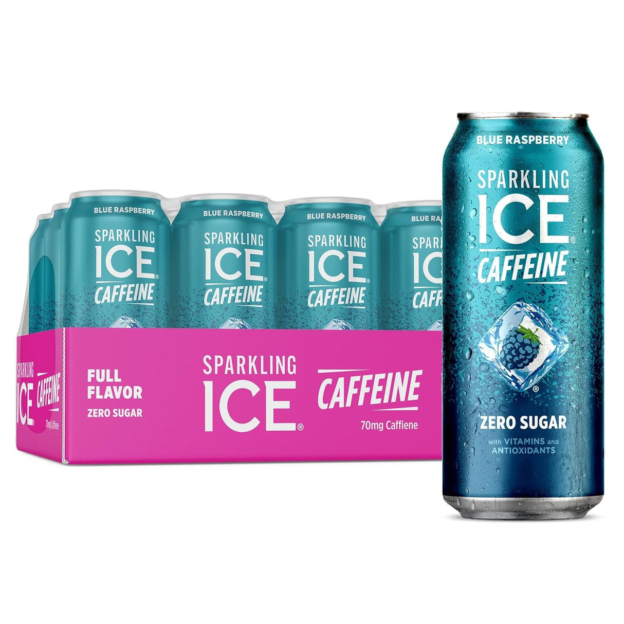 Sparkling Ice Caffeine Black Raspberry Sparkling Water with Caffeine, Zero Sugar, with Antioxidants and Vitamins,16 Fl Oz Cans (Pack of 12)