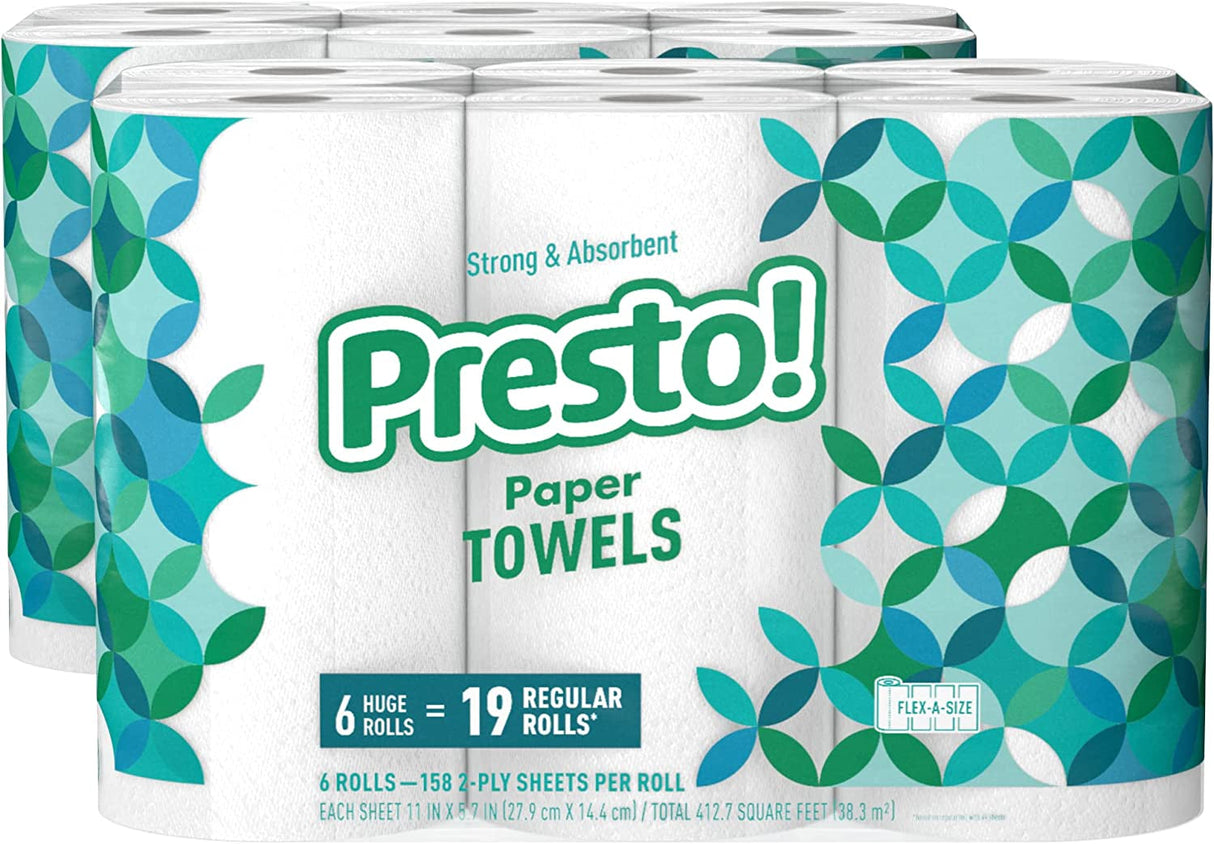 Amazon Brand - Presto! Flex-A-Size Paper Towels, 158 Sheet Huge Roll, 12 Rolls (2 Packs of 6), Equivalent to 38 Regular Rolls, White