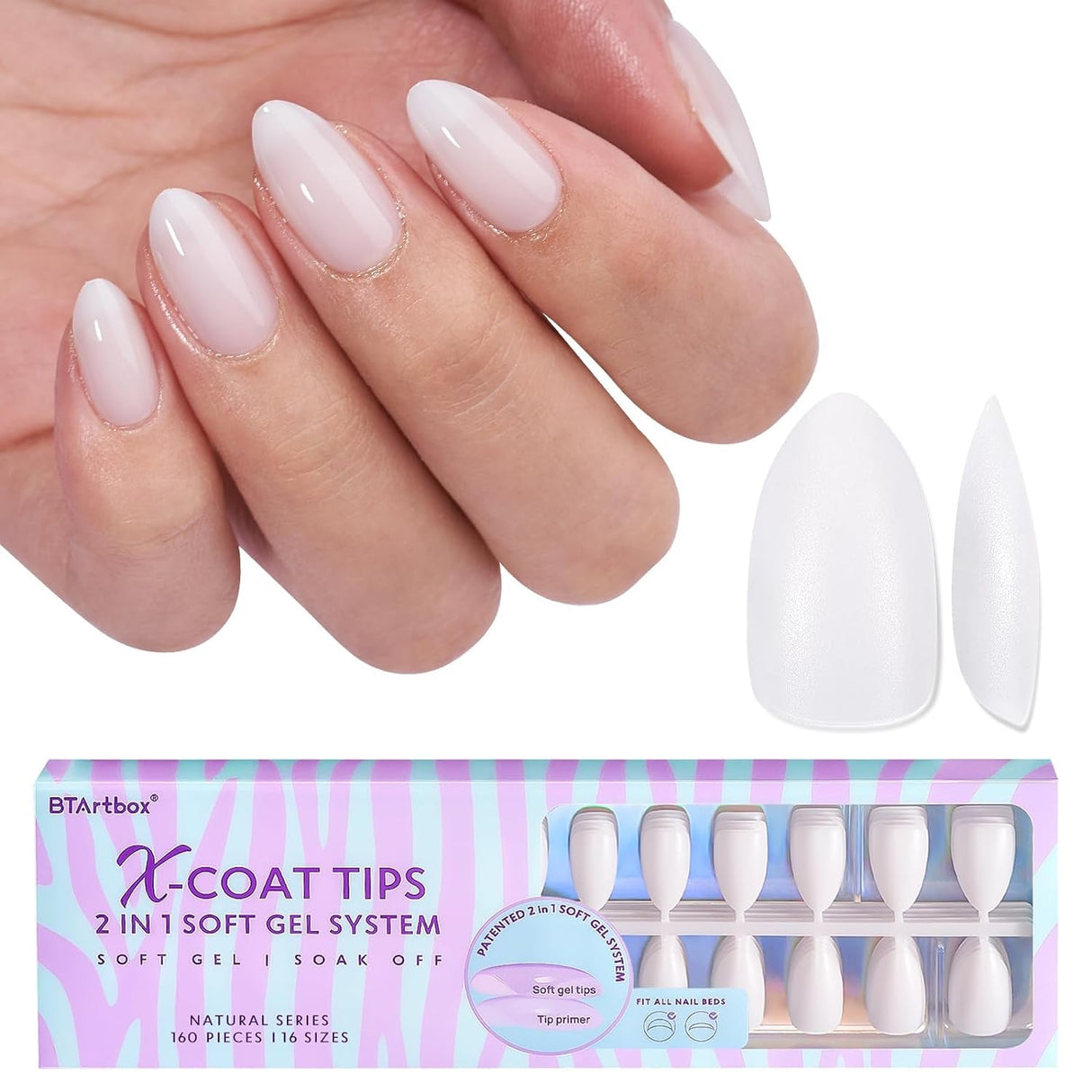Btartboxnails XS Short Square Gel Nail Tips - Pre Colored Milky White Soft Gel Nail Tips, Milky White Press on Nails, Natural XCOATTIPS Pre Applied Tip Primer