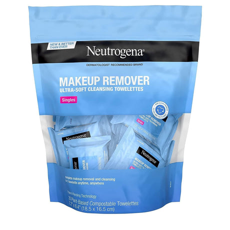 Neutrogena Makeup Remover Facial Cleansing Towelette Singles, Daily Face Wipes Remove Dirt, Oil, Makeup & Waterproof Mascara, Gentle, Individually Wrapped, 100% Plant-Based Fibers, 20 Ct - Supply Center USA