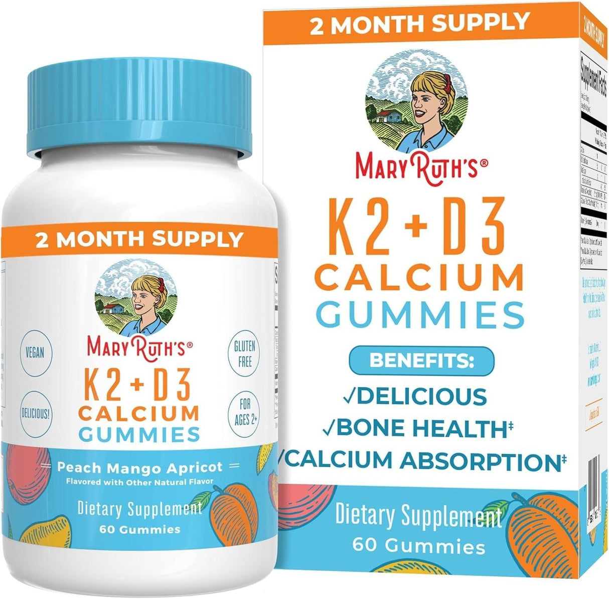 Maryruth Organics Calcium with Vitamin D & Vitamin K2, 2 Month Supply, Calcium Supplement Supports Bone Health & Joint Support, with Vitamins D3 K2 Gummies, Vegan, Non-Gmo, Gluten Free, 60 Count - Supply Center USA