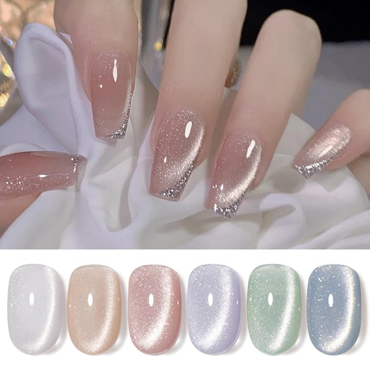 Born Pretty Cat Magnetic Eye Gel Nail Polish, Holographic Glitter Milky Jelly Cat Magnetic Gel Blue Green Purple Pink Nude Silver Nail Art Gel Manicure Salon DIY Gifts 7ML 6PCS