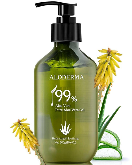 Aloderma 99% Organic Aloe Vera Gel Made within 12 Hours of Harvest - Lightweight, Non-Sticky Aloe Gel for Face and Body, Sunburn Relief, Natural, Soothing Hydrating Aloe Vera for Scalp & Hair, 10.6Oz - Supply Center USA