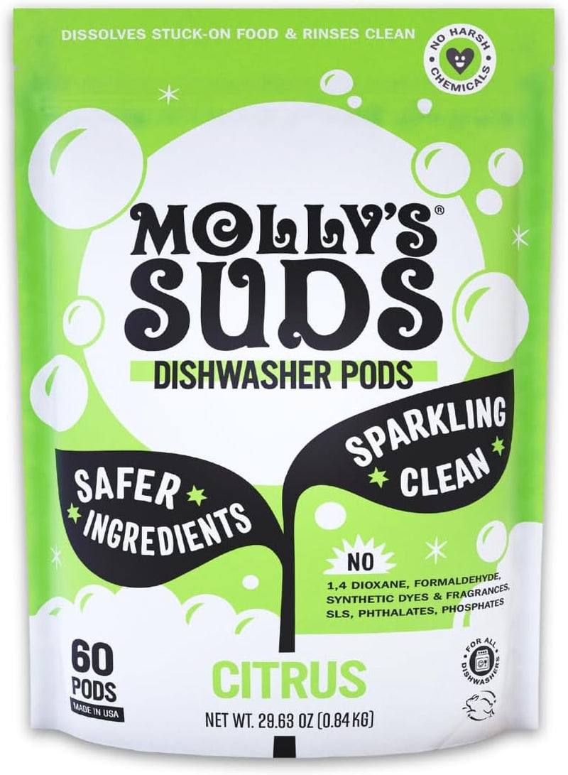 Molly'S Suds Dishwasher Pods | Clean Dishwasher Detergent, Cuts Grease & Rinses Clean (Residue-Free) for Sparkling Dishes | 60 Auto-Release Tabs (Unscented)