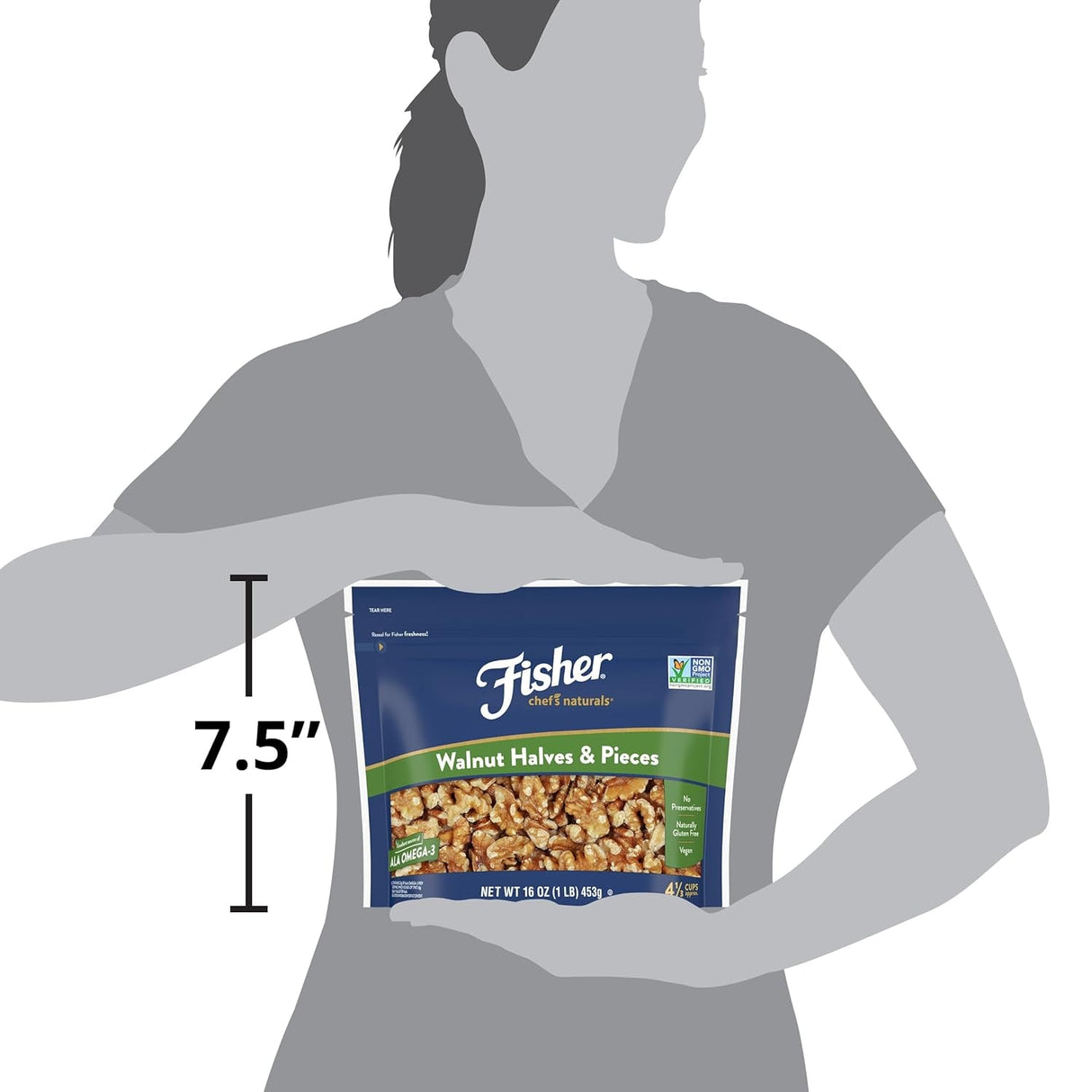 Fisher Chef'S Naturals Walnut & Pieces, Naturally Gluten Free, No Preservatives, Non-Gmo, Halves, 16 Oz