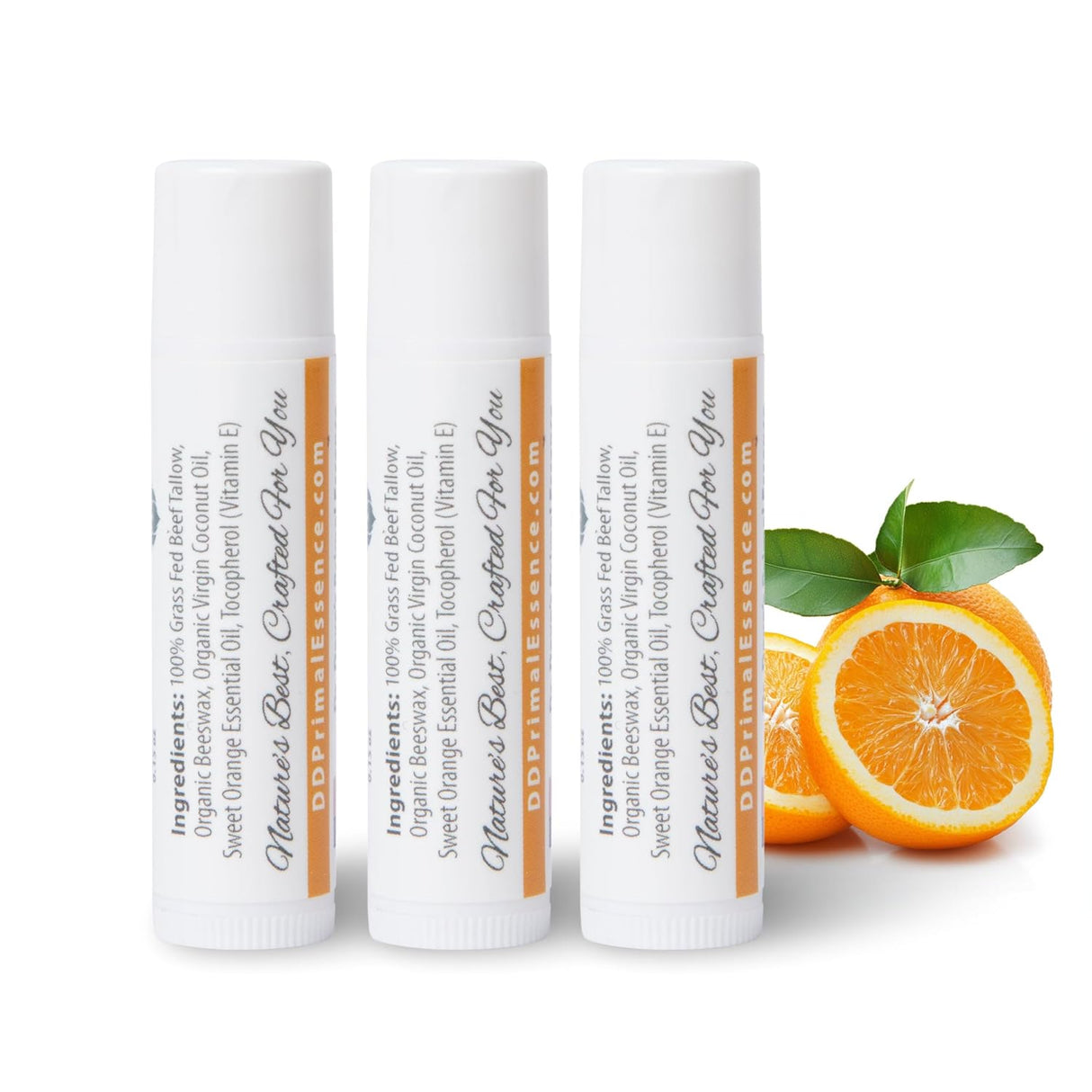 Dr. Dave'S Primal Essence Moisturizing Tallow Lip Balm - Nourishing and Soothing Grass Fed Beef Tallow with Organic Coconut Oil, Beeswax, and Vitamin E - Sweet Orange Lip Balm, 3-Pack