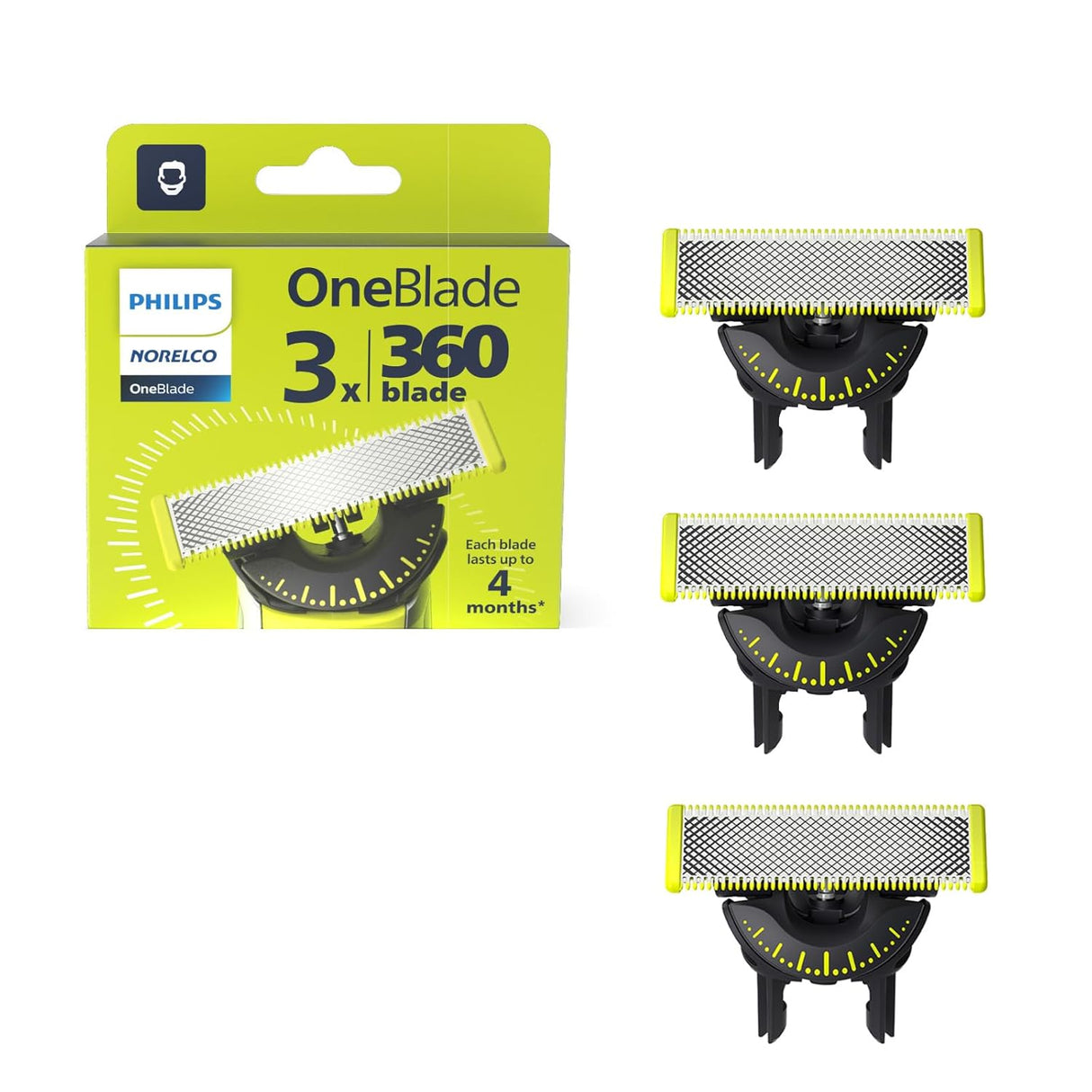 Philips Norelco Oneblade 360 Blades, Genuine Replacement Blades for Oneblade Electric Shaver and Trimmer, Durable Stainless Steel, Trim, Edge and Shave, 3 Pack, QP430/80