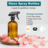 8 Oz Amber Glass Spray Bottles - 2 Pack Empty Refillable Bottle for Cleaning Solutions,Hair Care,Essential Oils, Plants - Durable Nozzle,With Labels &Funnel, Dropper