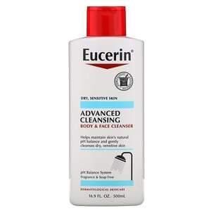 Eucerin, Advanced Cleansing, Body and Face Cleanser, Fragrance Free, 16.9 fl oz (500 ml) - Supply Center USA