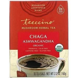 Teeccino, Mushroom Herbal Tea, Organic Chaga Ashwagandha, Caffeine Free , 10 Tea Bags, 2.12 oz (60 g) - Supply Center USA