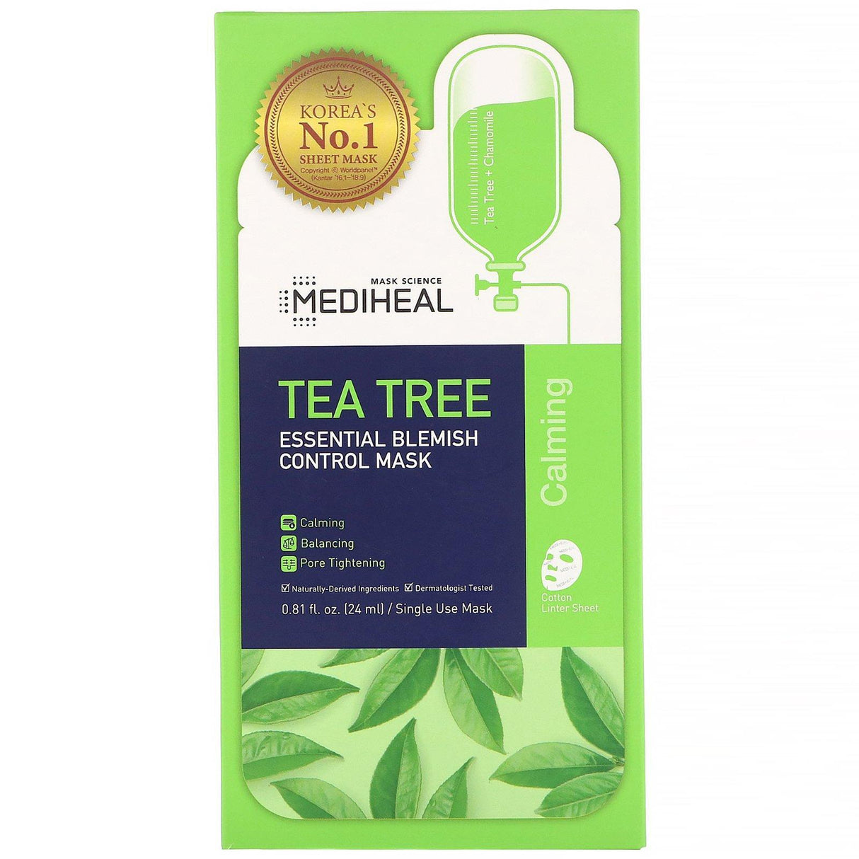 Mediheal, Tea Tree, Essential Blemish Control Beauty Mask, 5 Sheets, 0.81 fl oz (24 ml) Each - Supply Center USA