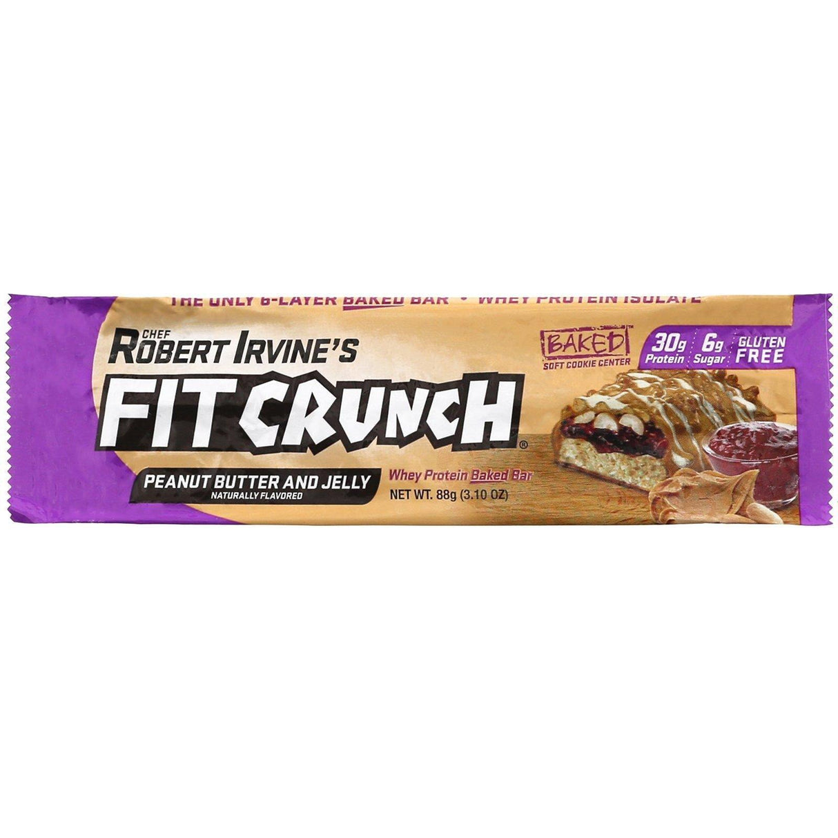 FITCRUNCH, Whey Protein Baked Bar, Peanut Butter and Jelly, 12 Bars, 3.10 oz (88 g) Each - Supply Center USA