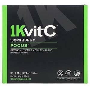 1Kvit-C, Vitamin C, Focus, Effervescent Drink Mix, Natural Orange Flavor, 1,000 mg, 30 packets. 0.23 oz (6.40 g) Each - Supply Center USA