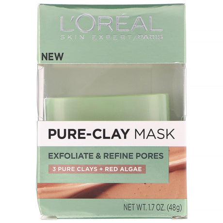 L'Oreal, Pure-Clay Beauty Mask, Exfoliate & Refine Pores, 3 Pure Clays + Red Algae, 1.7 oz (48 g) - Supply Center USA