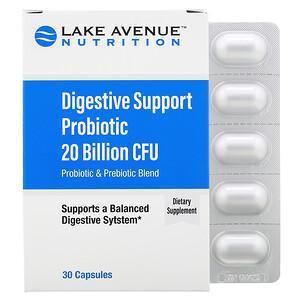 Lake Avenue Nutrition, Digestive Support Probiotic, Probiotic & Prebiotic Blend, 20 Billion CFUs, 30 Capsules - Supply Center USA