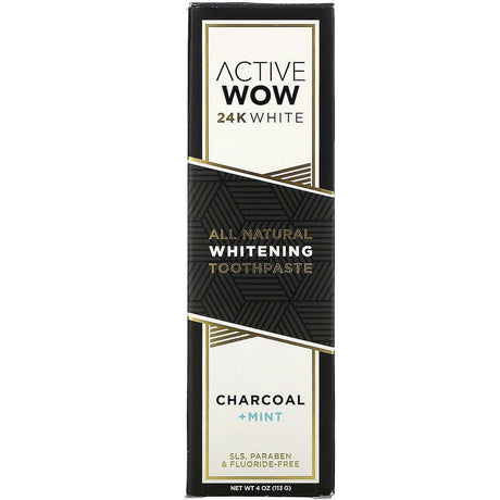 Active Wow, 24K White, All Natural Whitening Toothpaste, Charcoal + Mint, 4 oz (113 g) - Supply Center USA