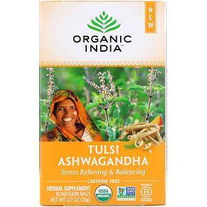 Organic India, Tulsi Tea, Ashwagandha, Caffeine-Free, 18 Infusion Bags, 1.27 oz (36 g) - Supply Center USA