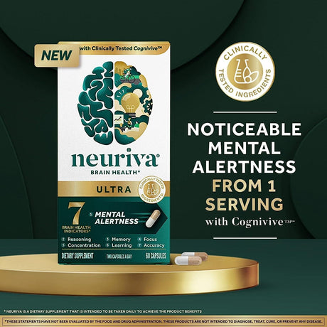 NEURIVA Ultra Decaffeinated Clinically Tested Nootropic Brain Supplement for Mental Alertness, Memory, Focus & Concentration, Cognivive, Neurofactor, Phosphatidylserine, Vitamins B6 B12, 60 Capsules - Supply Center USA