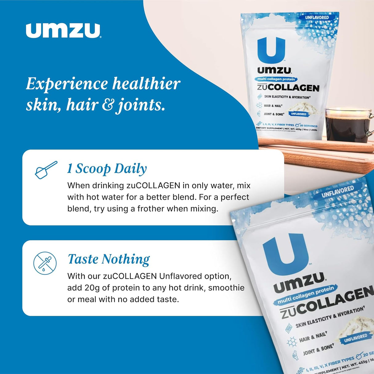UMZU Zucollagen Hydrolyzed Protein Powder | 5 Collagen Peptide Types for Healthy Hair, Skin, Nails, Joints & Gut | Low Calorie, High Protein (20G Protein per Serving | Unflavored)
