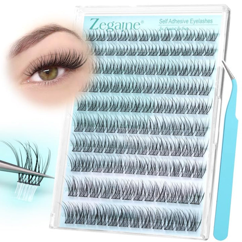 Self Adhesive Lashes Clusters Kit Natural Self Adhesive Cluster Eyelash Extensions Kit Reusable Wispy Cluster Lashes No Glue Needed Fluffy D Curl Individual Lashes Kit with Tweezers 10-16MM by Zegaine