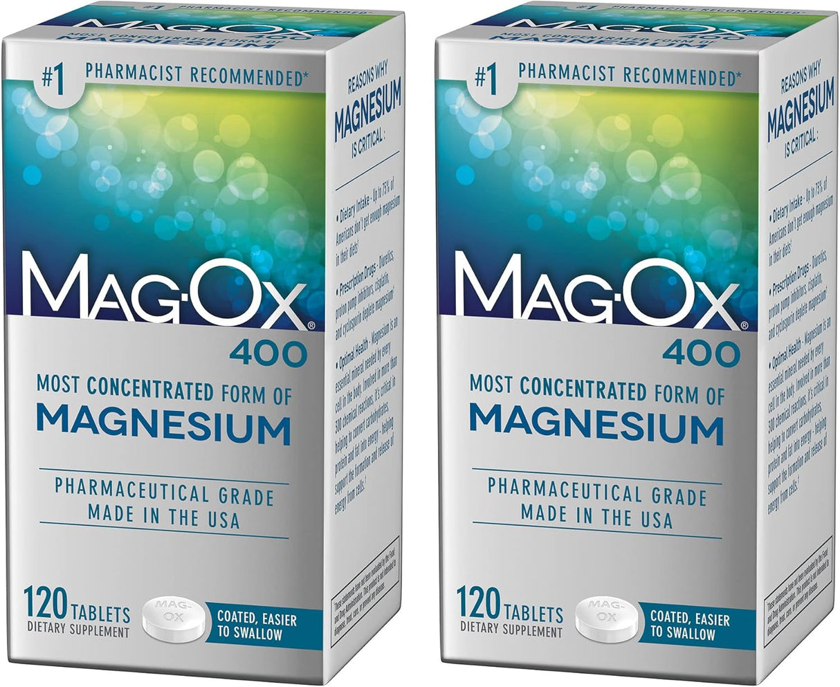 Mag-Ox 400 Magnesium Supplement, Pharmaceutical Grade Magnesium Oxide, Most Concentrated Form of Magnesium, 483Mg, 240 Tablets (2 Packs of 120 Tablets)