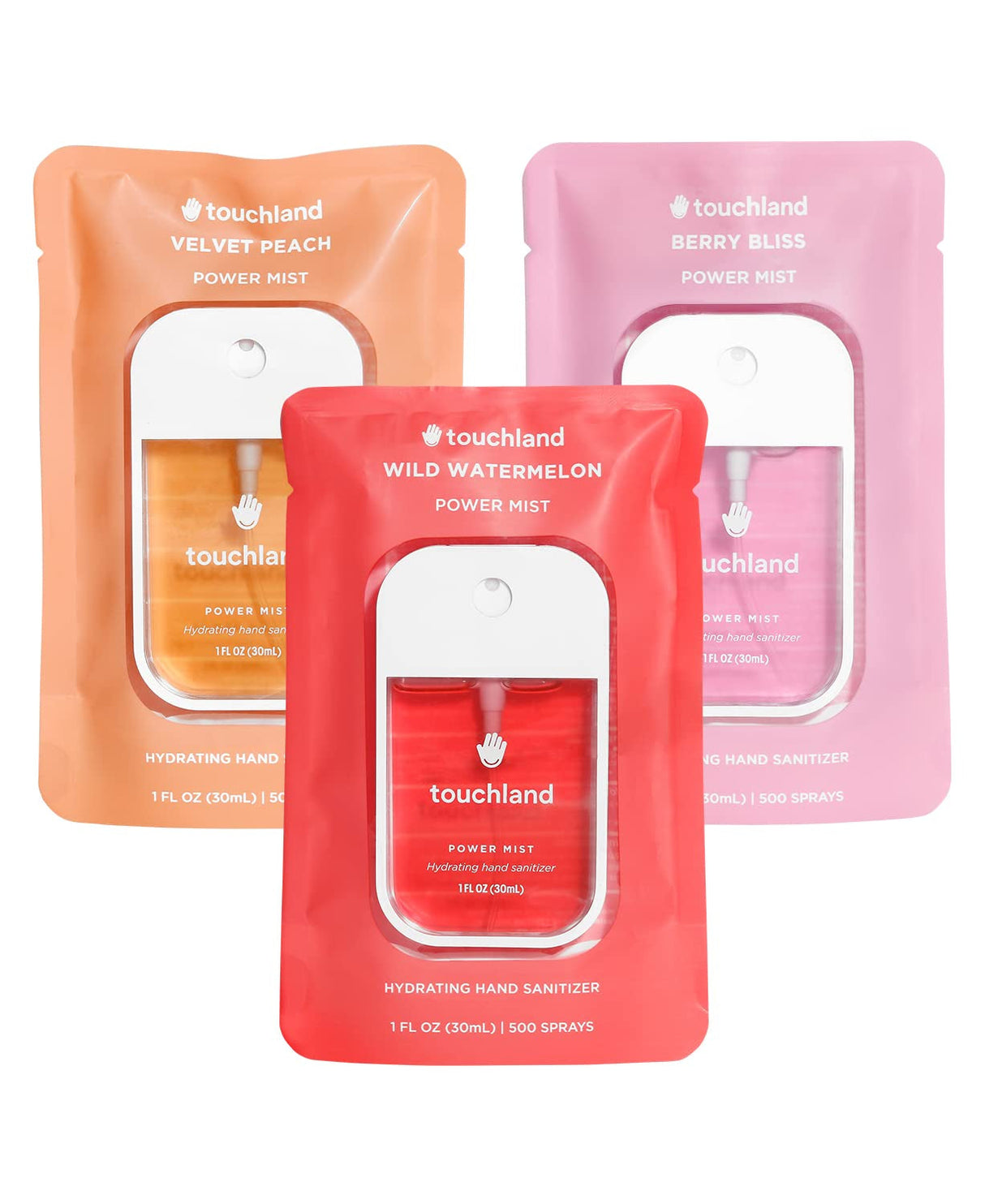 Touchland Power Mist Hydrating Hand Sanitizer Spray, JUICY 3-Pack (Watermelon, Peach, Berry), 500-Sprays Each, 1Fl Oz Travel Size (Set of 3)