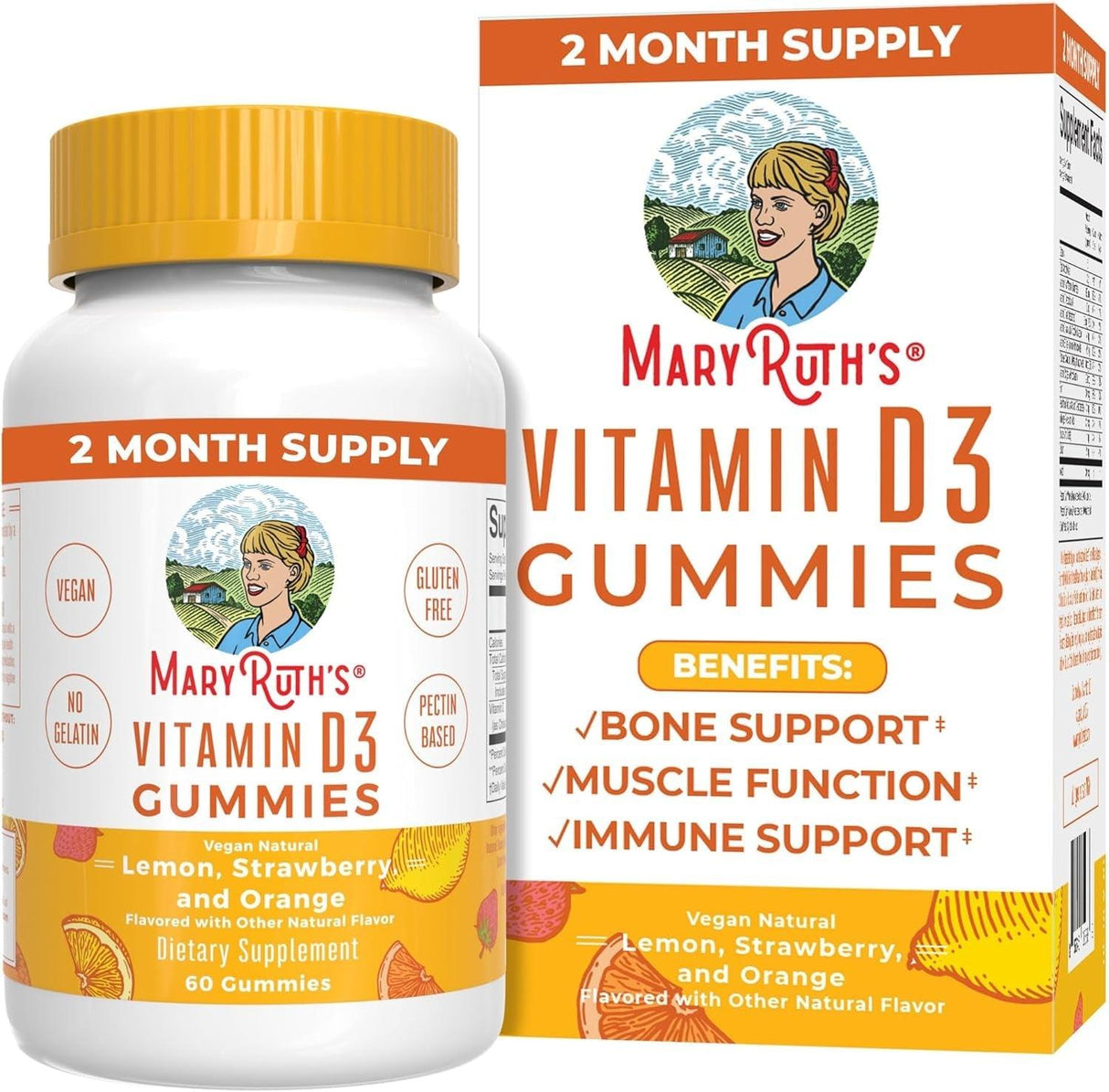 Maryruth Organics Vitamin D3 Gummies, 2 Month Supply, Adults & Kids Gummies, Immune Support Supplement, Vitamin D3 1000IU for Bone Health & Muscle Function, Vegan, Non-Gmo, Gluten Free, 60 Count - Supply Center USA