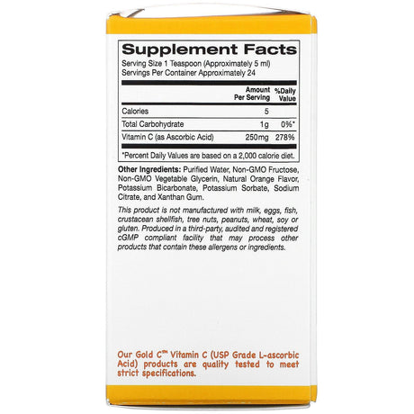 California Gold Nutrition, Children's Liquid Gold Vitamin C, USP Grade, Tart Orange Flavor, 4 fl oz (118 ml) - Supply Center USA