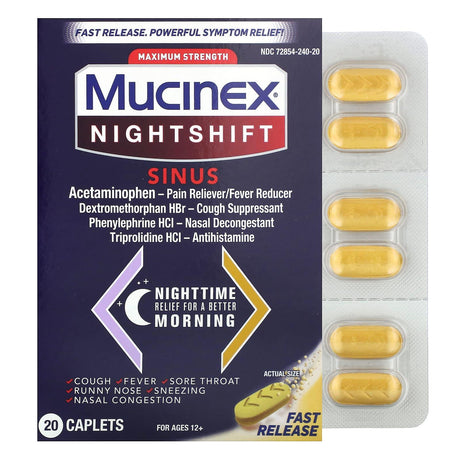 Mucinex, Night shift, Sinus, Maximum Strength, For Ages 12+, 20 Caplets - Supply Center USA