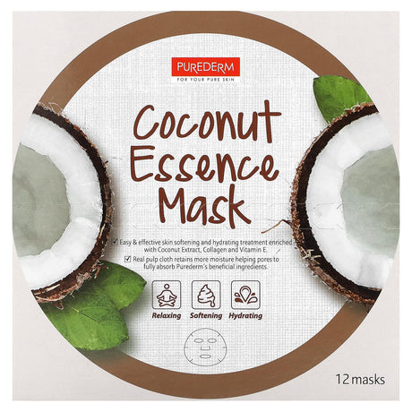 Purederm, Coconut Essence Beauty Mask, 12 Sheets, 0.63 oz (18 g) Each - Supply Center USA