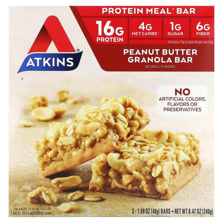 Atkins, Protein Meal Bar, Peanut Butter Granola Bar, 5 Bars, 1.76 oz (50 g) Each - Supply Center USA