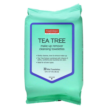 Purederm, Make-Up Remover Cleansing Towelettes, Tea Tree, 30 Wet Towelettes - Supply Center USA