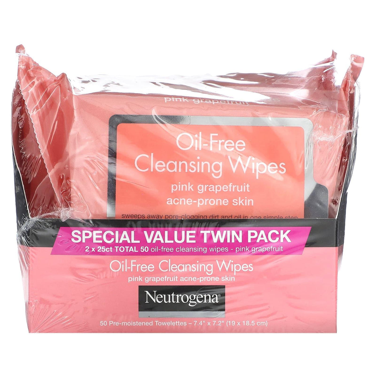 Neutrogena, Oil-Free Cleansing Wipes, Pink Grapefruit, 2 Packs, 25 Pre-Moistened Towelettes Each - Supply Center USA