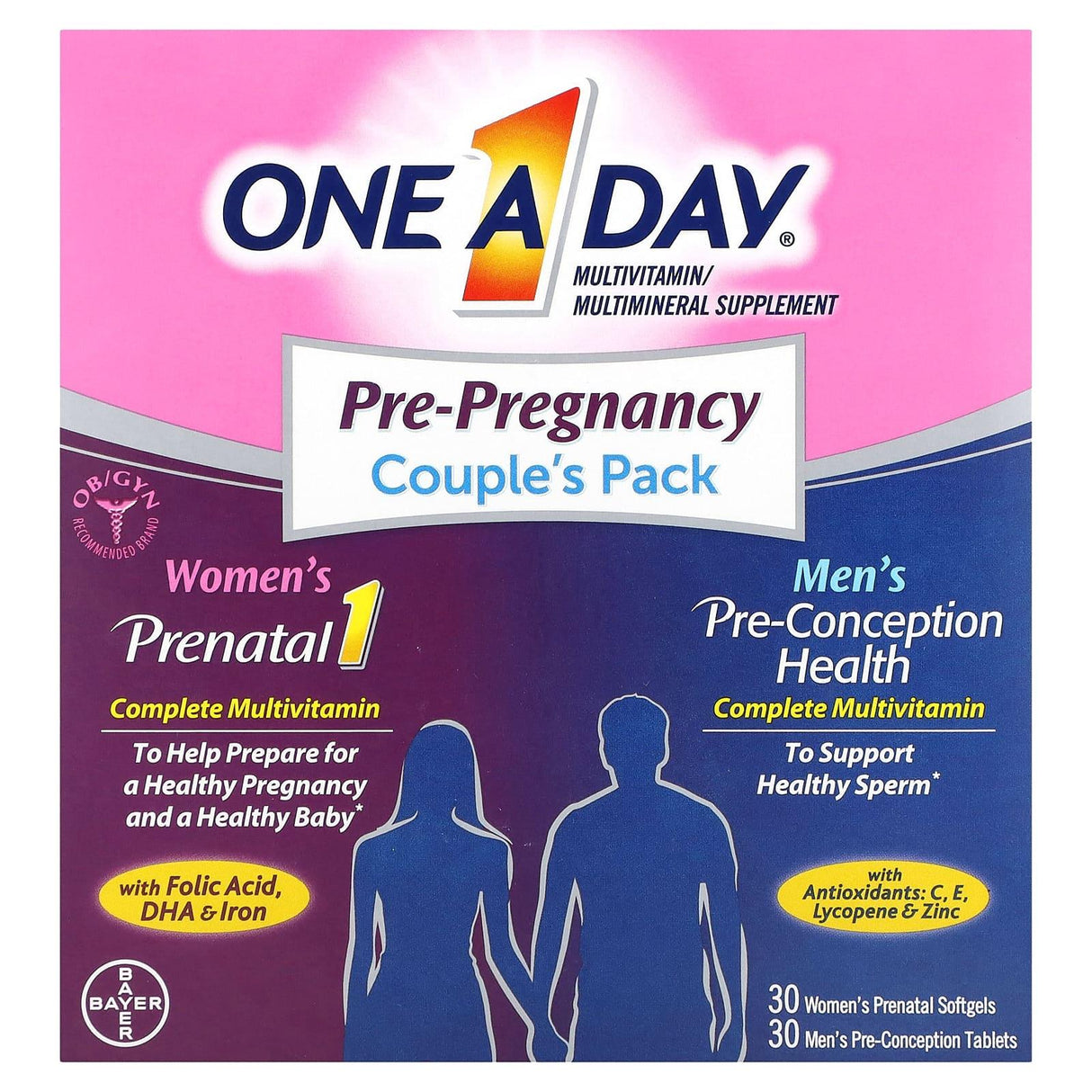 One-A-Day, Pre-Pregnancy Couple's Pack, Women's Prenatal 1 & Men's Pre-Conception Health, 30 Women's Prenatal Softgels, 30 Men's Pre-Conception Tablets - Supply Center USA