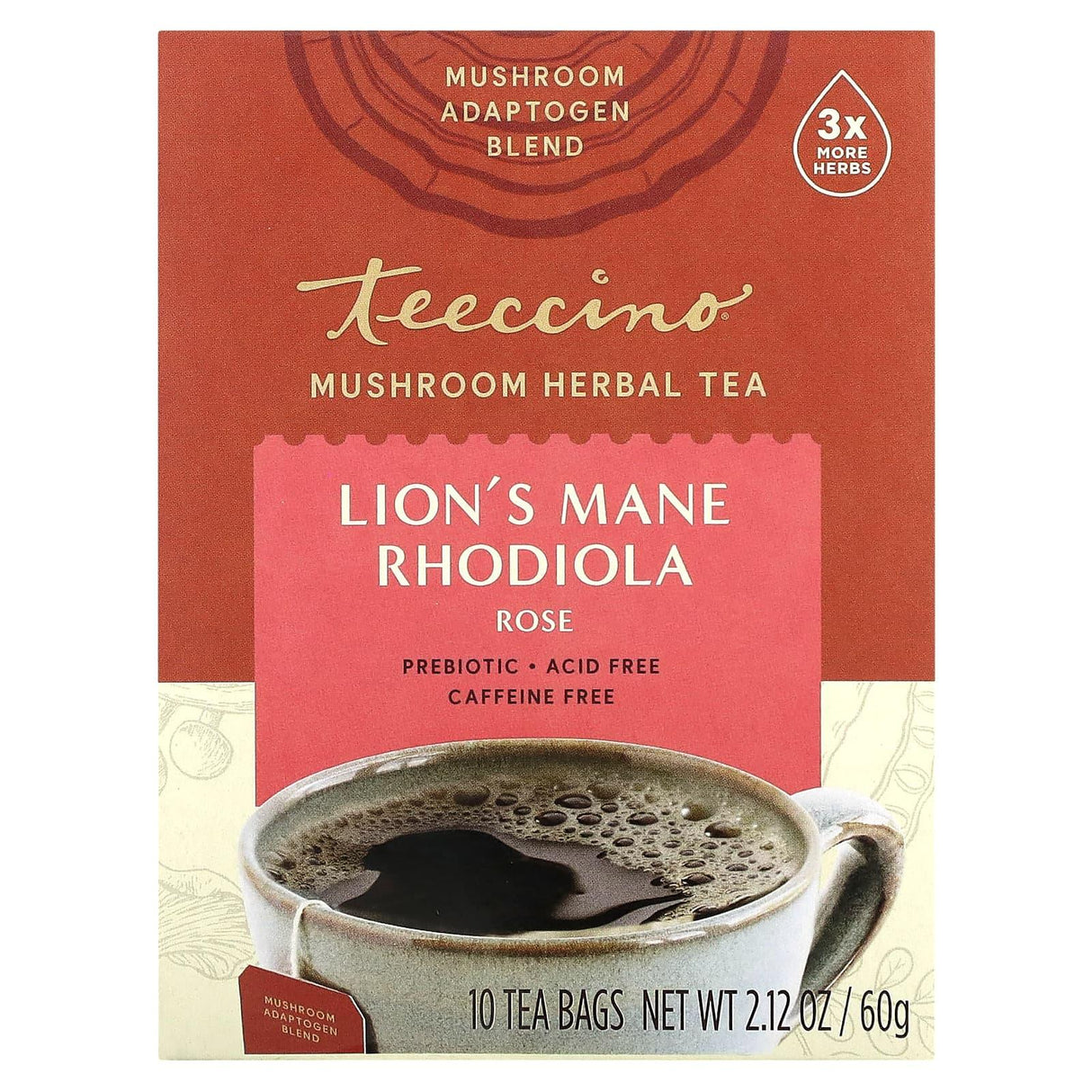 Teeccino, Mushroom Herbal Tea, Lion's Mane Rhodiola, Rose, Caffeine Free, 10 Tea Bags, 2.12 oz (60 g) - Supply Center USA