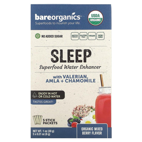 BareOrganics, Sleep, Superfood Water Enhancer, Organic Mixed Berry, 12 Stick Packets, 0.21 oz (6 g) Each - Supply Center USA