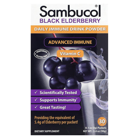 Sambucol, Black Elderberry, Daily Immune Drink Powder, Natural Berry, 30 Packets, 0.1 oz (3 g) Each - Supply Center USA