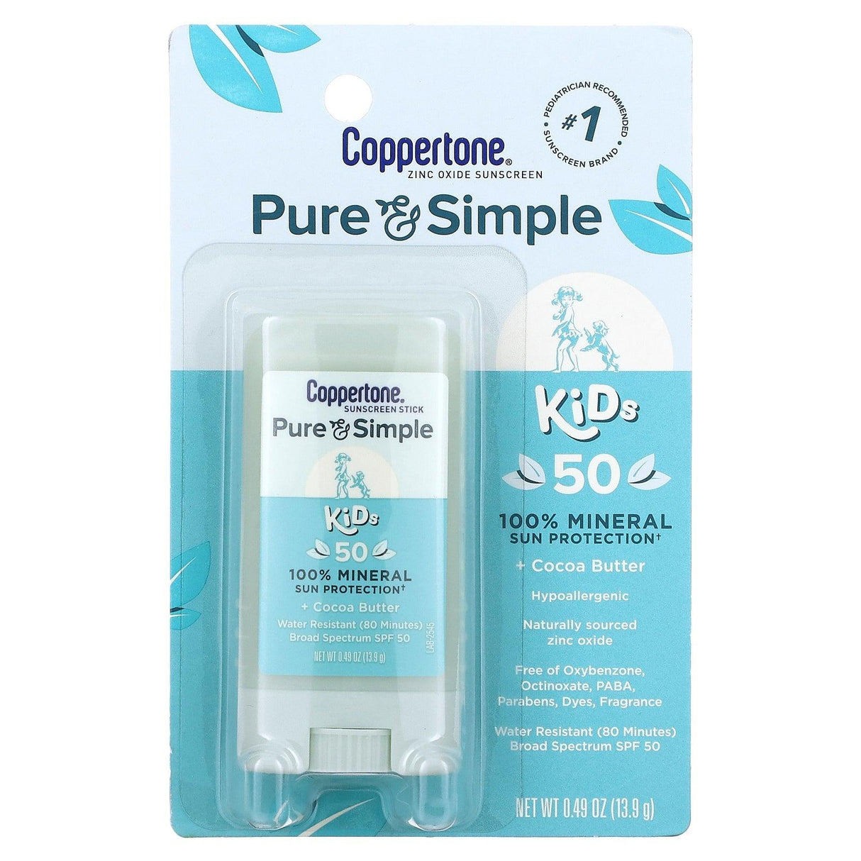 Coppertone, Pure & Simple, Kids, Sunscreen Stick, SPF 50, Cocoa Butter, 0.49 oz (13.9 g) - Supply Center USA