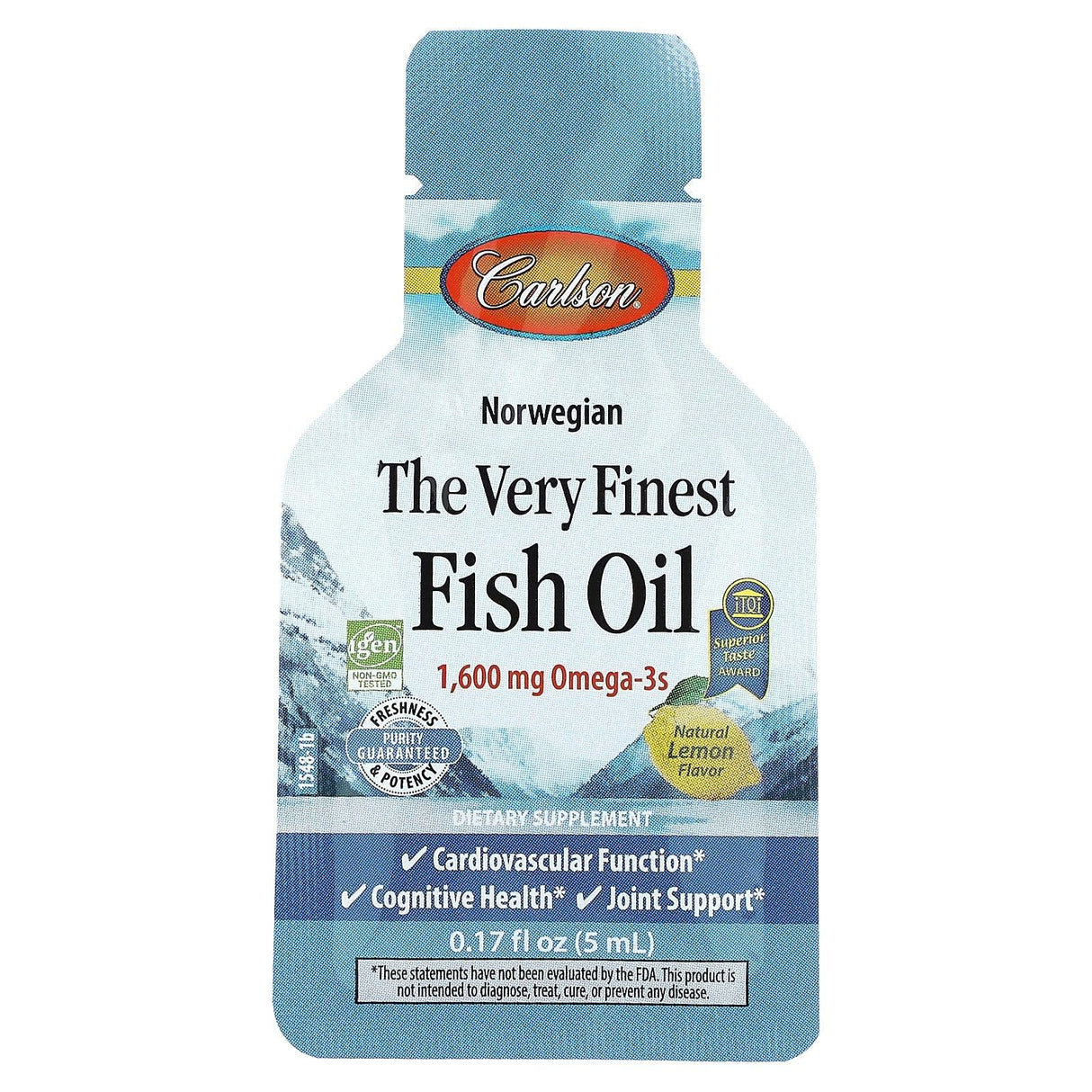 Carlson, Norwegian The Very Finest Fish Oil, Natural Lemon, 1,600 mg, 15 Liquid Packets, 0.17 fl oz (5 ml) Each - Supply Center USA