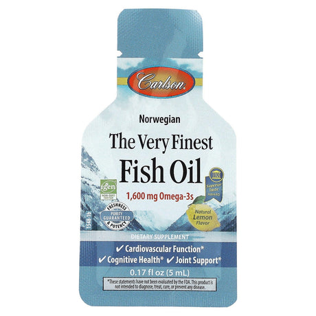 Carlson, Norwegian The Very Finest Fish Oil, Natural Lemon, 1,600 mg, 15 Liquid Packets, 0.17 fl oz (5 ml) Each - Supply Center USA