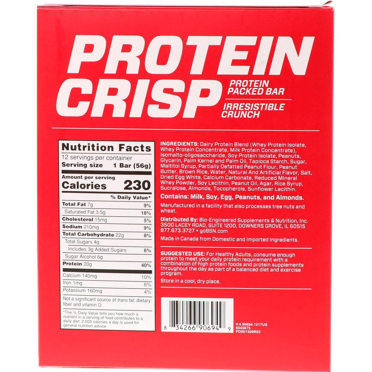 BSN, Protein Crisp, Peanut Butter Crunch Flavor, 12 Bars, 1.97 oz (56 g) Each - Supply Center USA