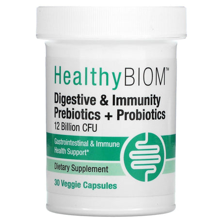 HealthyBiom, Digestive & Immunity Prebiotic + Probiotics, 12 Billion CFUs, 30 Veggie Capsules - Supply Center USA