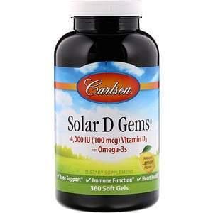 Carlson Labs, Solar D Gems, Natural Lemon Flavor, 100 mg (4,000 IU), 360 Soft Gels - Supply Center USA