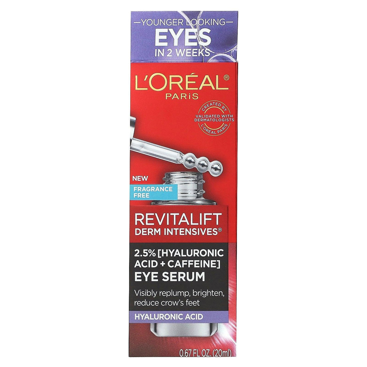 L'Oréal, Revitalift Derm Intensives, 2.5 % [Hyaluronic Acid + Caffeine] Eye Serum, Fragrance Free, 0.67 fl oz (20 ml) - Supply Center USA